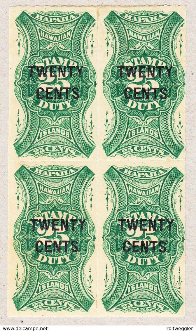 1893 25 Cent 4-er Block; Stamp Duty; Überdruckt 20 Cents; Revenue Stamp - Hawaï