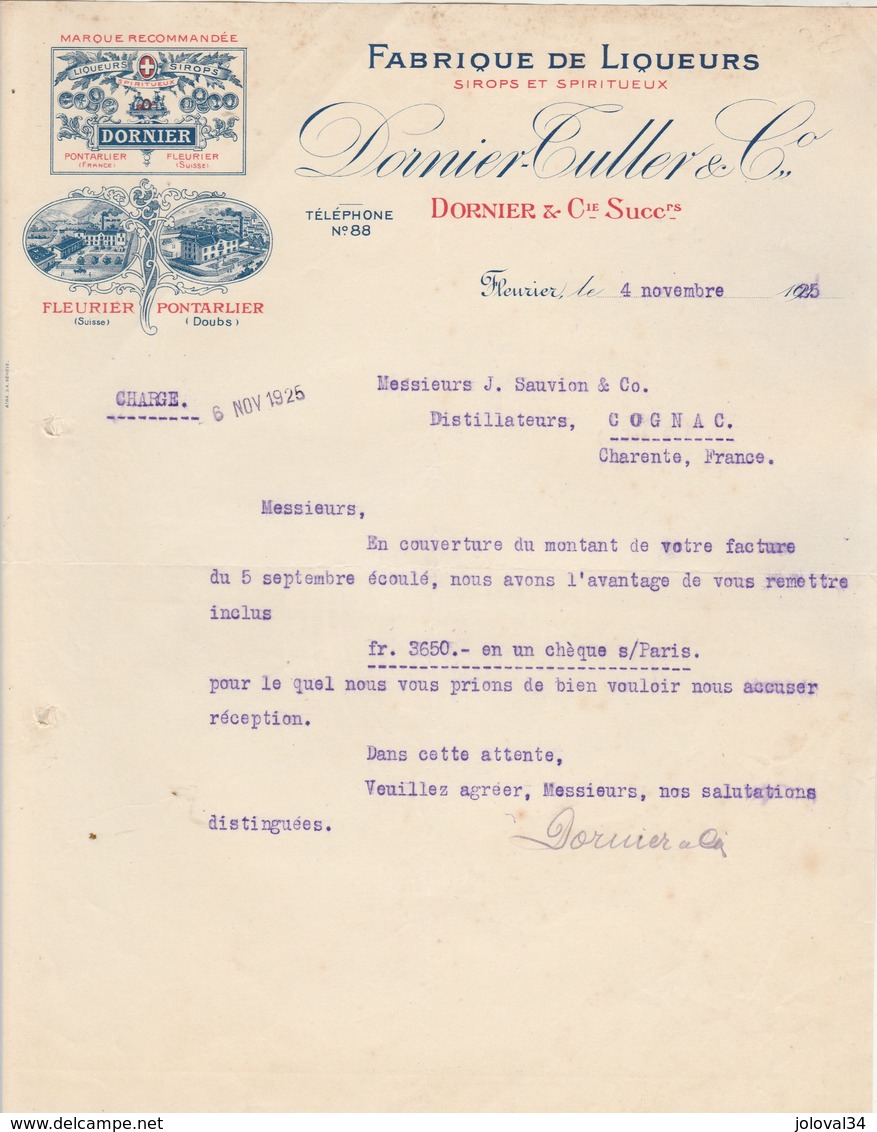 Suisse Facture Lettre Illustrée 4/11/1925 DORNIER TULLER Liqueurs Sirops Dornier FLEURIER Et Pontarlier Doubs - Suisse