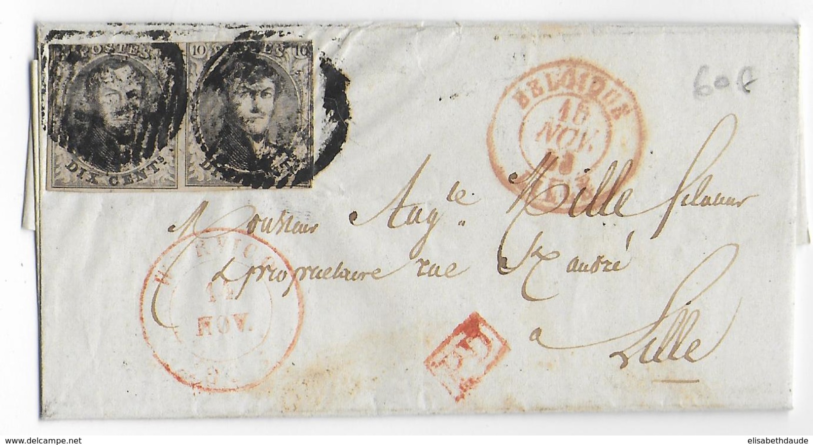 1853 - BELGIQUE - LETTRE De COMINES Avec DATEUR ROUGE De WERVICQ => LILLE (NORD) - 1849-1865 Medallions (Other)