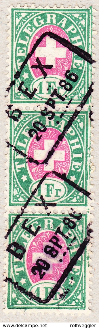 1881 1 Fr. Grün Und Rosa, Gestempelter Dreier Streifen; Faserpapier; Bex, 20. Sept.1886 - Télégraphe