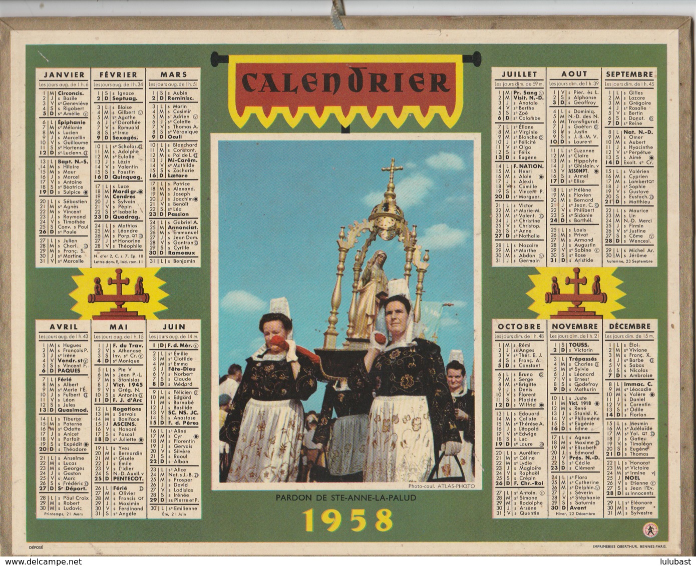 Calendrier Des PTT (complet) " Pardon De St. Anne La Palud" 1958. - Grand Format : 1921-40