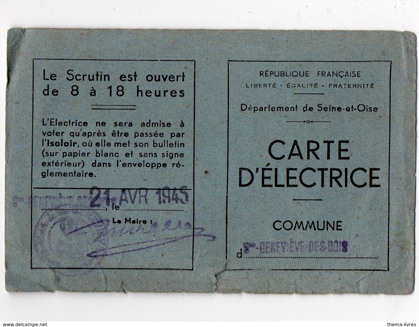 Sainte Geneviève Des Bois (91 Essonne) Carte D'électrice  (!) 1945 (PPP16879) - Unclassified