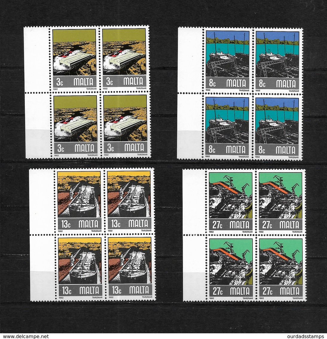 Malta 1982 Shipbuilding Industry, Complete Set In Marginal MNH Blocks Of Four (7475) - Malta