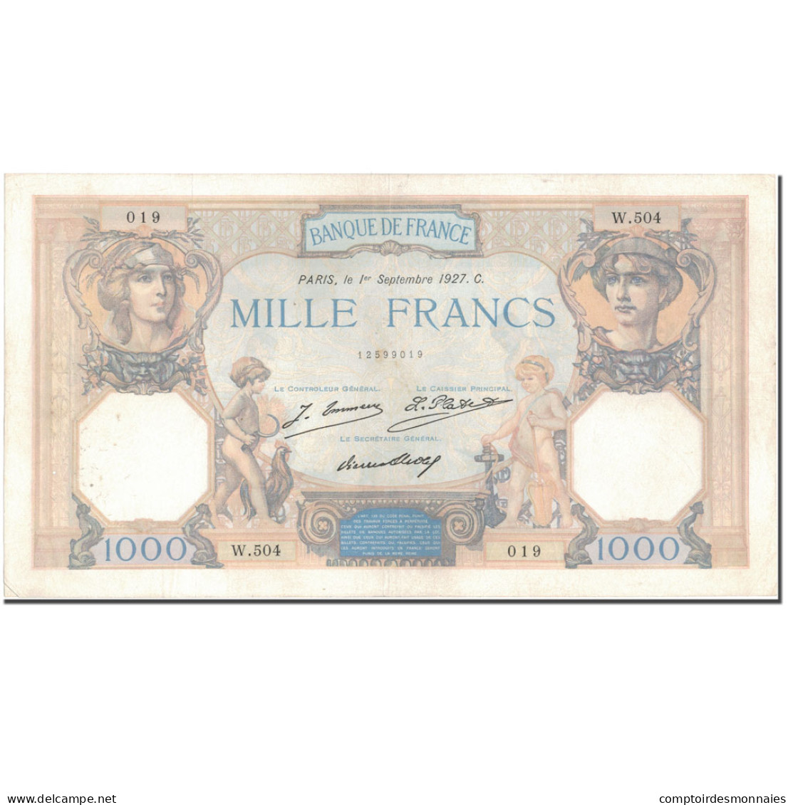 France, 1000 Francs, 1 000 F 1927-1940 ''Cérès Et Mercure'', 1927-09-01, TTB - 1 000 F 1927-1940 ''Cérès Et Mercure''