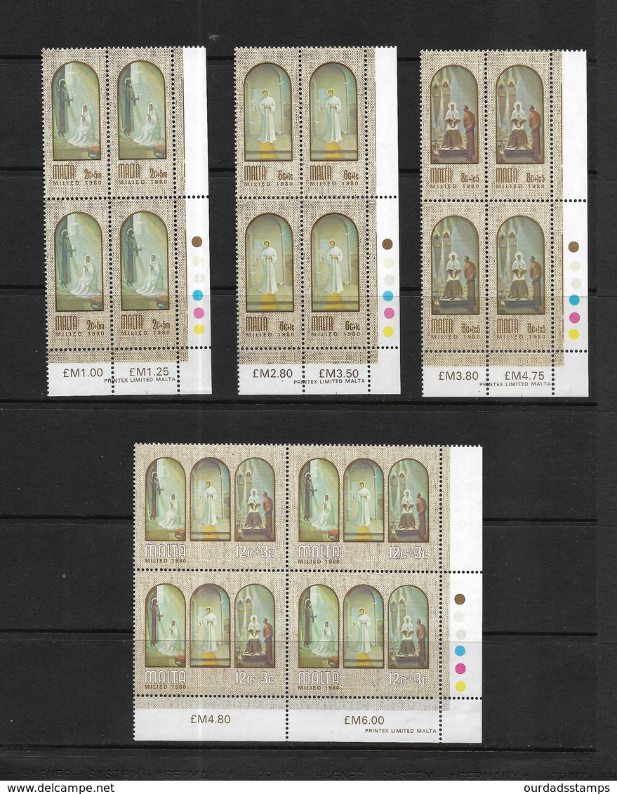 Malta 1980 Christmas Paintings, Complete Set In Corner Marginal MNH Blocks Of Four (7486) - Malta