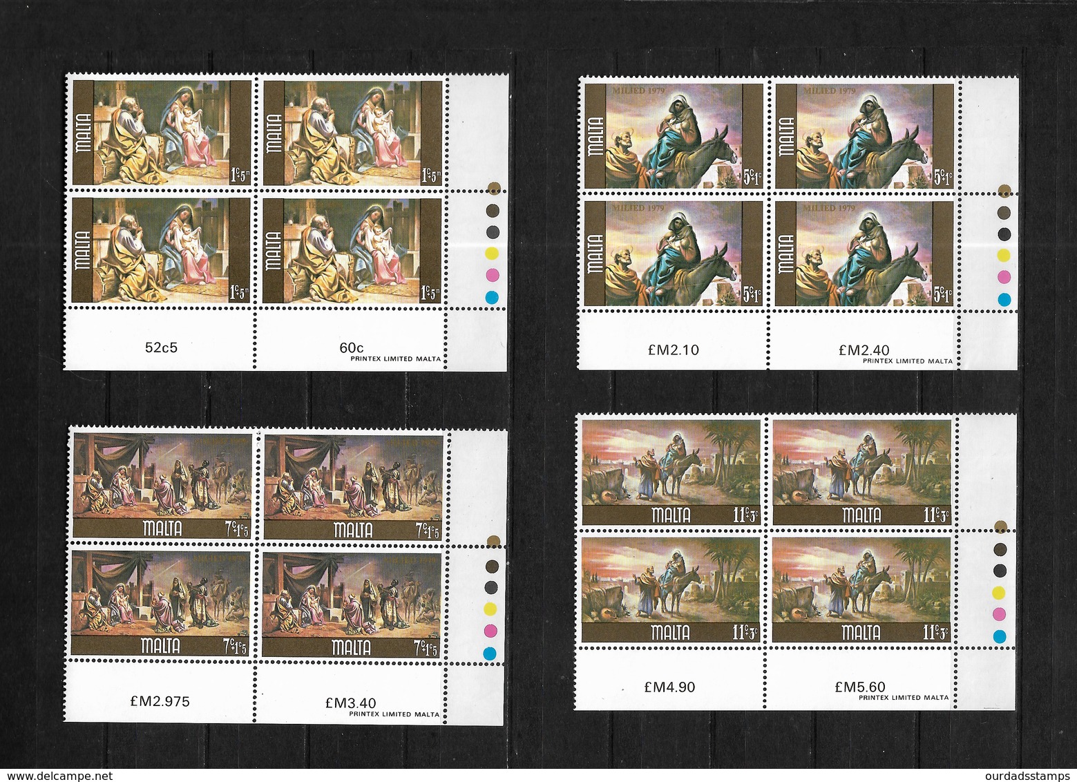 Malta 1979 Christmas Paintings, Complete Set In Corner Marginal MNH Blocks Of Four (7492) - Malta