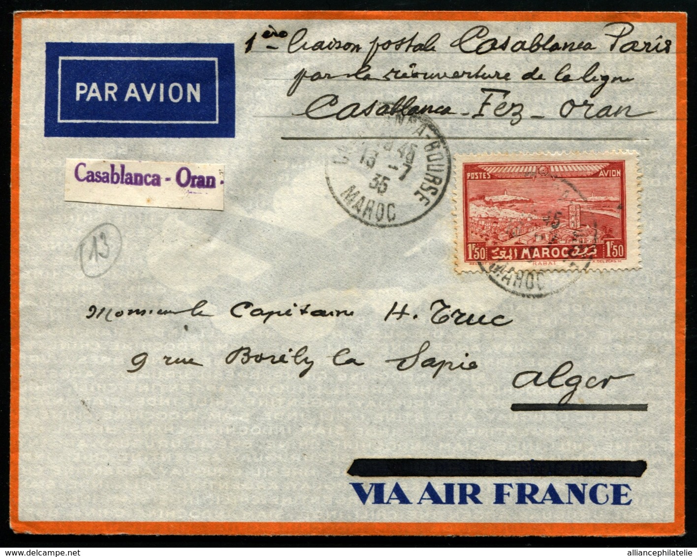 MAROC - 1ère Liaison Postale CASABLANCA/PARIS 16/7/35 - Vol CASABLANCA/ALGER - TB - Poste Aérienne