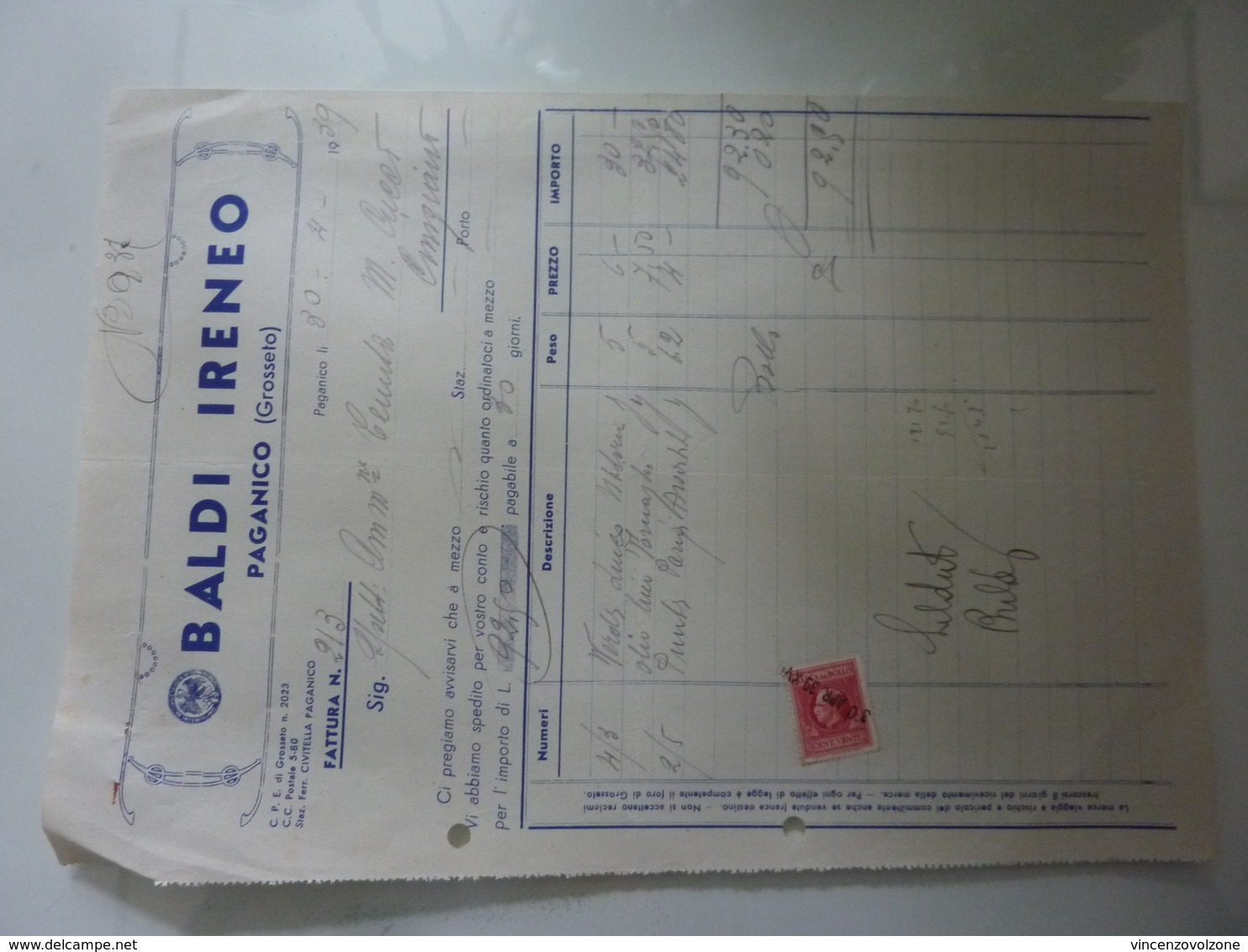 Fattura "BALDI IRENEO PAGANICO" 1939 - Italia