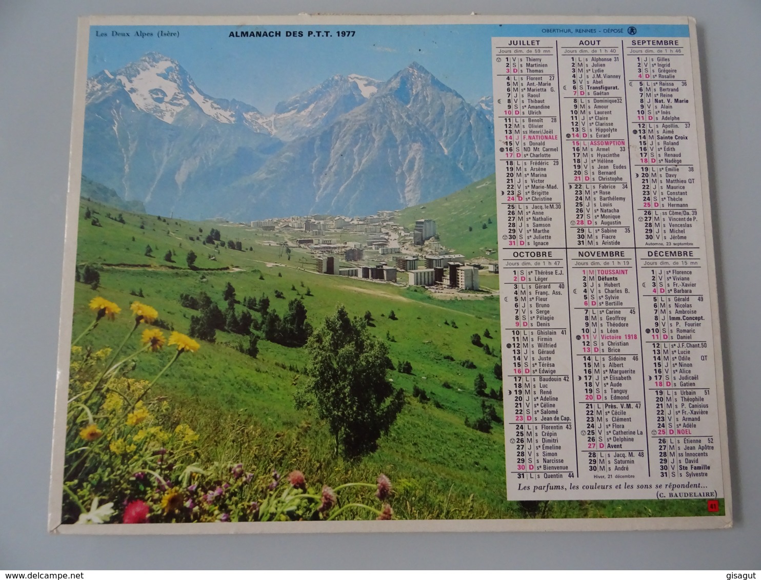 Almanach Ptt De 1977  Recto Ville Fleurie  Verso  Les Deux Alpes - Grand Format : 1971-80