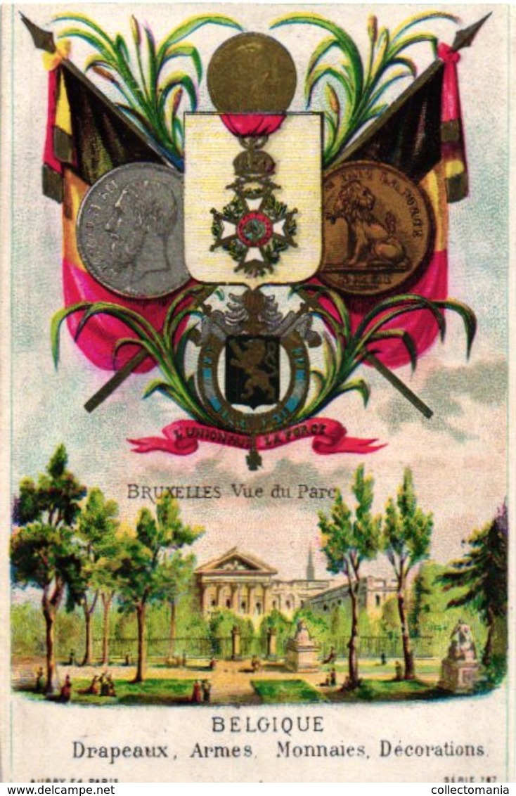 8 Cards Litho  C1900 Chromos Drapeaux Armes Monnaies DECORATIONS, C1880, Italy Gemany, Russia, Espagne - Voor 1871