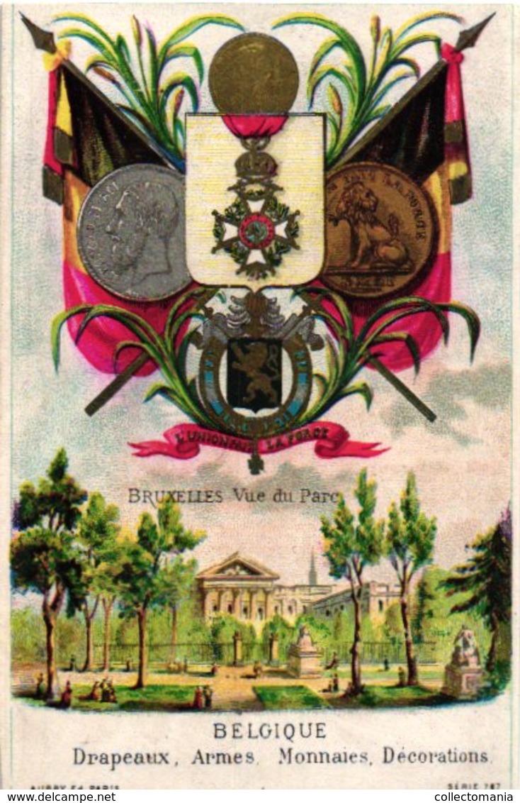 8 Cards Litho  C1900 Chromos Drapeaux Armes Monnaies DECORATIONS, C1880, Italy Gemany, Russia, Espagne - Before 1871