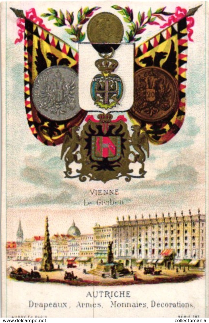 8 Cards Litho  C1900 Chromos Drapeaux Armes Monnaies DECORATIONS, C1880, Italy Gemany, Russia, Espagne - Ante 1871