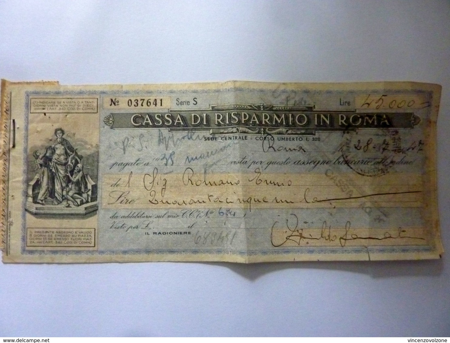 Assegno "CASSA DI RISPARMIO DI ROMA" 1947 - Assegni & Assegni Di Viaggio