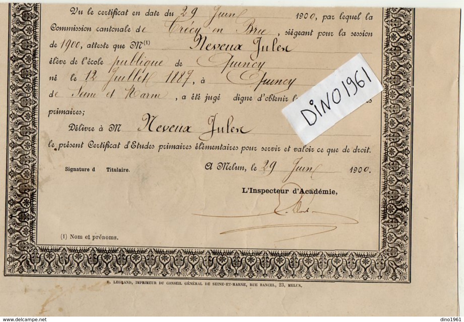 VP14.344 - MELUN 1900 - Ecole Public De QUINCY - Certificat D'Etudes Primaires Elémentaires 26 X 37 - Mr Jules NEVEUX - Diploma & School Reports