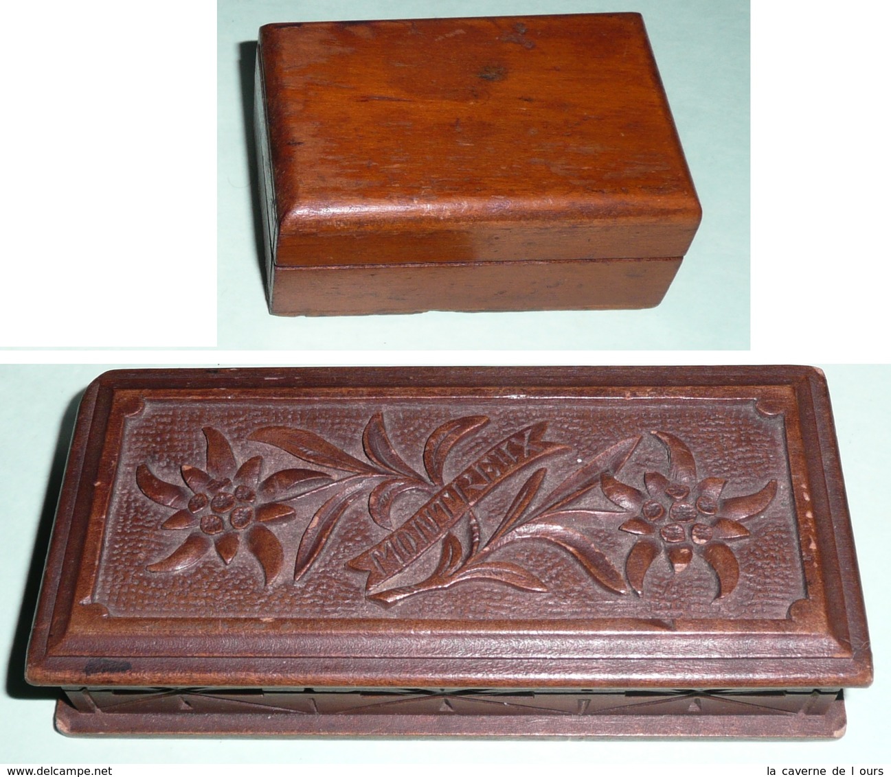 Lot 2 Boites à Timbres En Bois, Dont 1 Travail "Forêt Noire" Edelweiss MONTREUX - Stamp Boxes