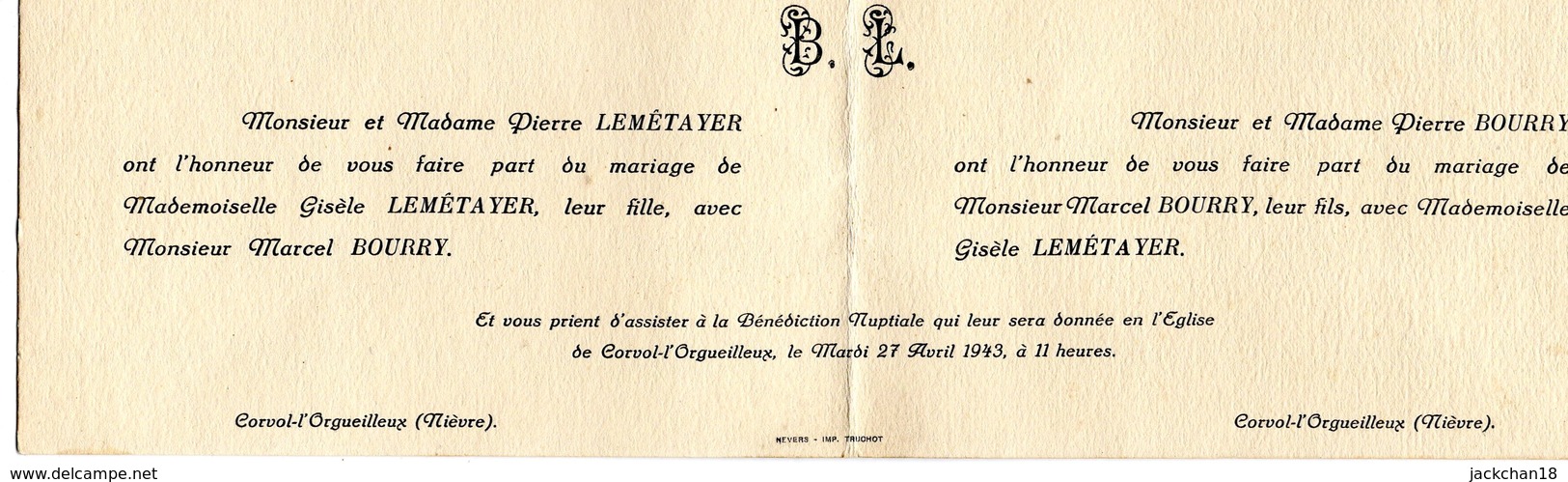 -- FAIRE PART DE MARIAGE - CORVOL L'ORGUEILLEUX (Nièvre) 1943 -- - Huwelijksaankondigingen