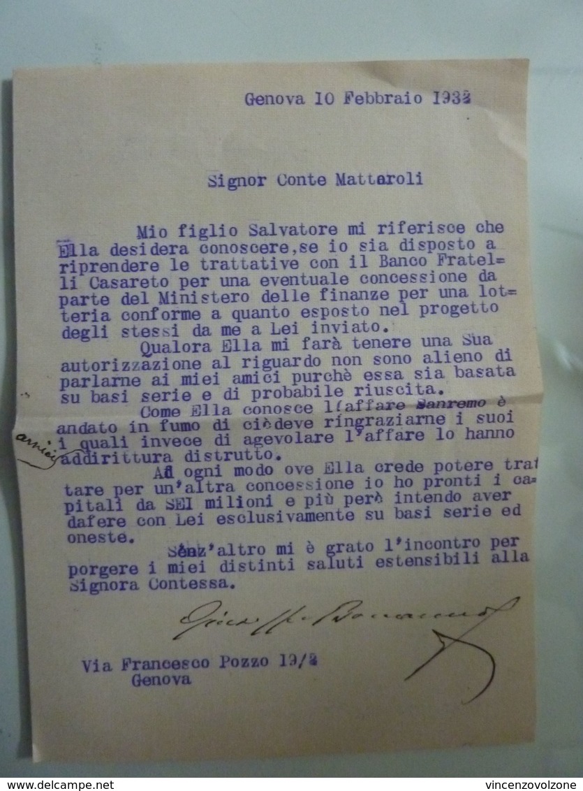 Lettera Dattiloscritta Al Conte Mattaroli, Genova 10 Febbraio 1934 - Manoscritti