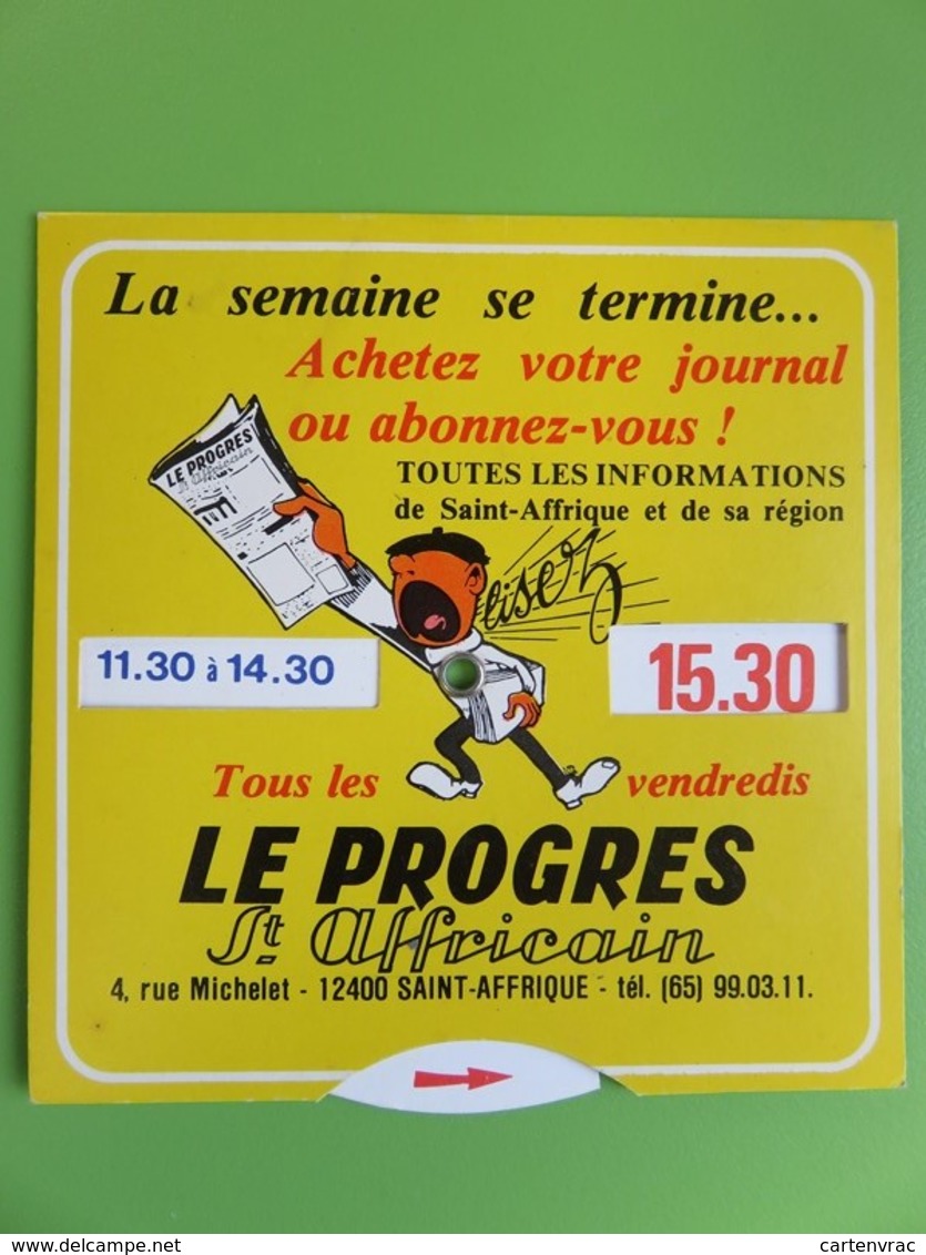 Disque De Stationnement - Publicité "Le Progrès St Affricain" - Imprimerie Rue Michelet - 12400 St-Affrique (Aveyron) - Voitures