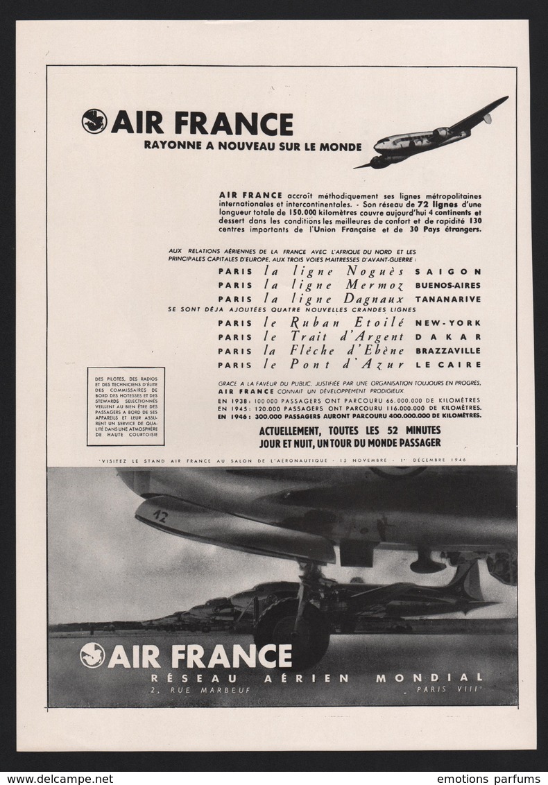 Pub Papier 1946  Voyage Avion Aviation Compagnie Aerienne AIR FRANCE - Publicités