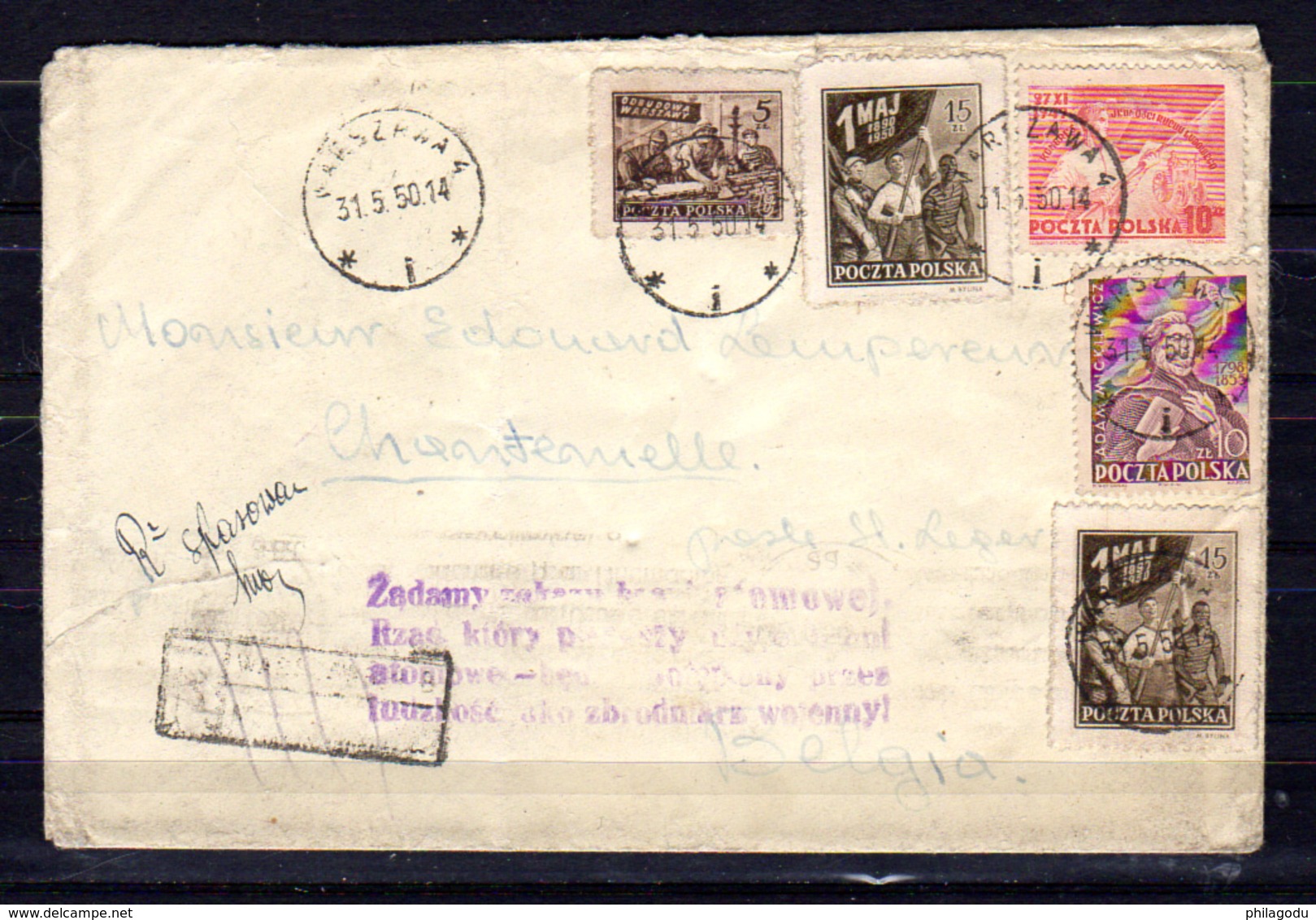 1949-50  1er Mai, Célébrité, Varsovie, Etc Sur Lettre Vers Belgique, Avec Marques De Contrôle Etc... - Cartas & Documentos
