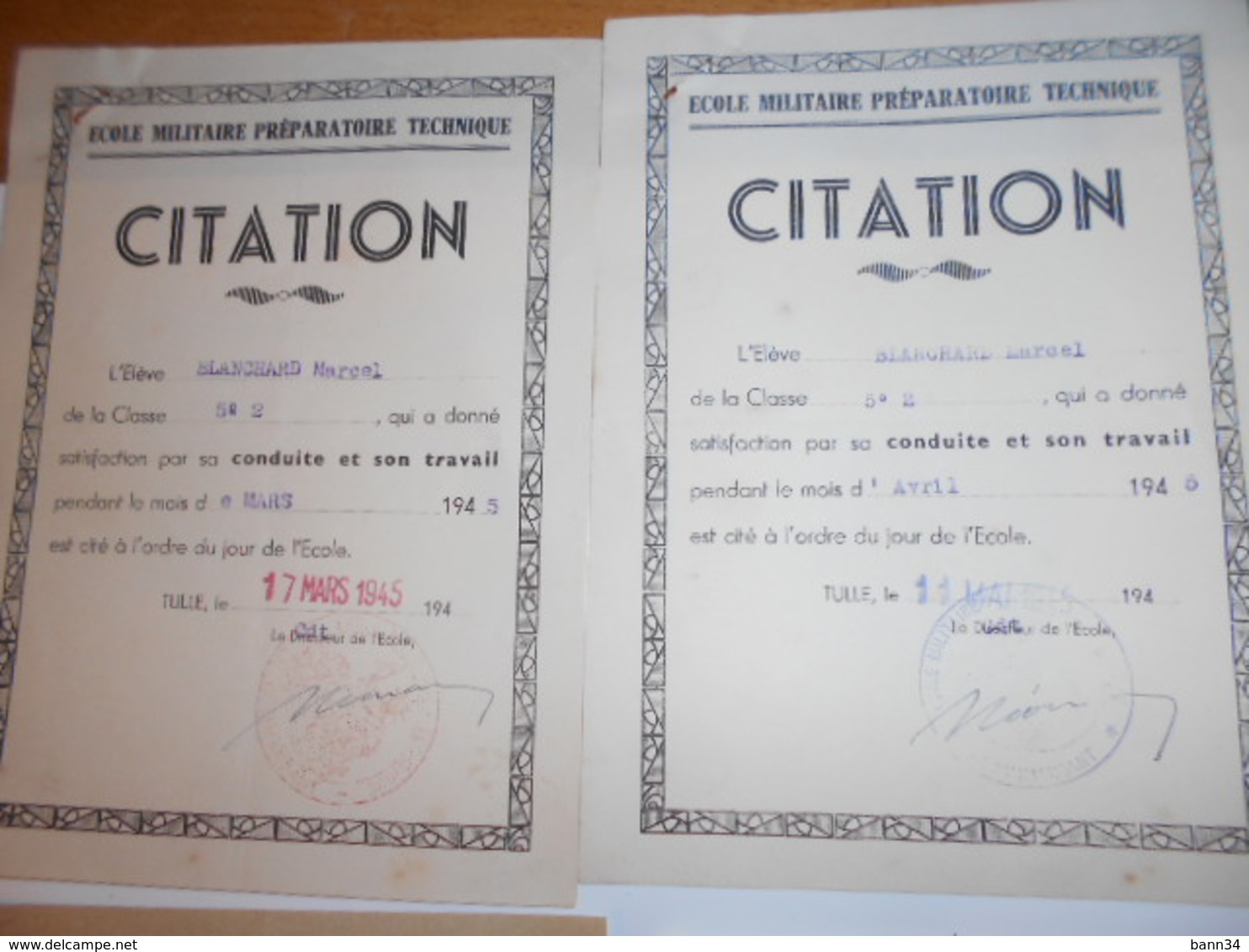 Lot De 6 Documents Militaire Ecole Preparatoire  De Tulle Correze 1944/45 - Documents Historiques