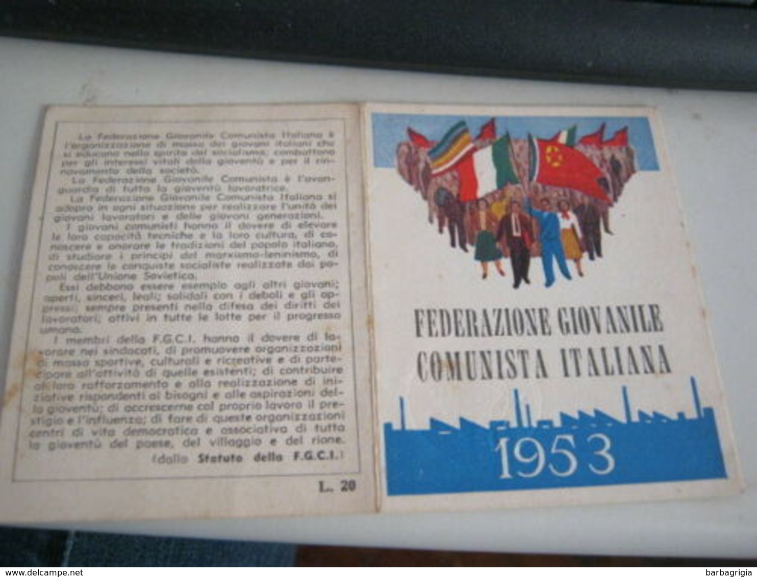 TESSERA FEDERAZIONE GIOVANILE COMUNISTA ITALIANA 1953 - Non Classificati