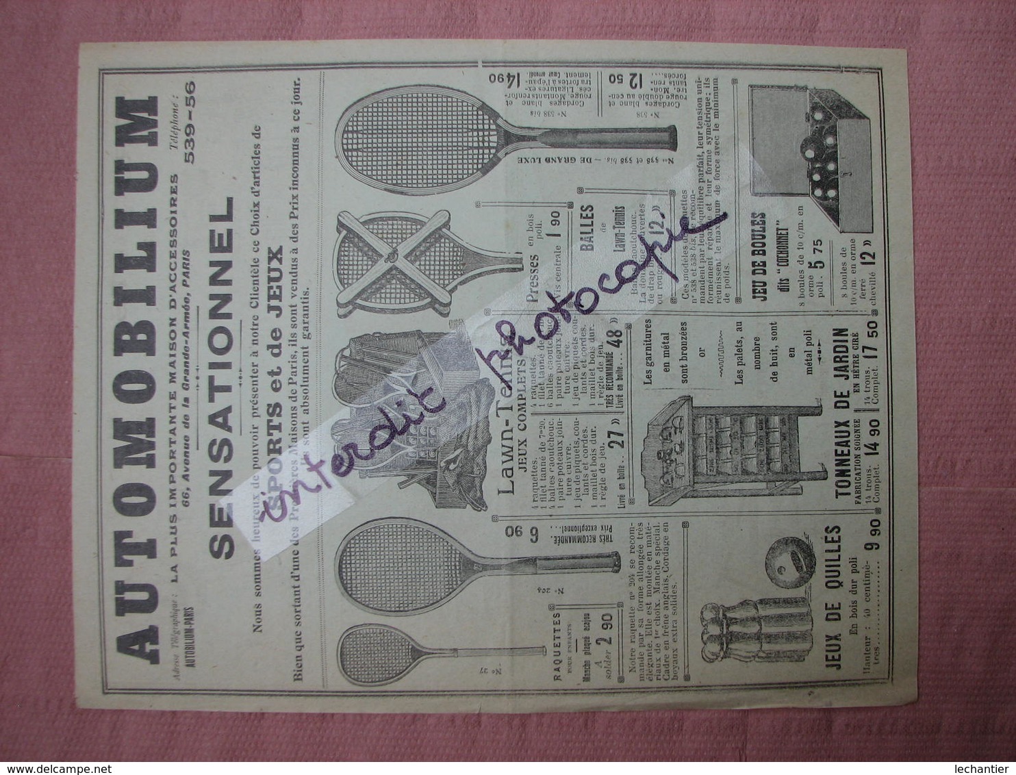 Automobilium Paris Doc. Sports Et Jeux - Raquettes, Lawn Tennis, Jeux De Boules, Cycles En Bois ,croquets, Etc... - Other & Unclassified