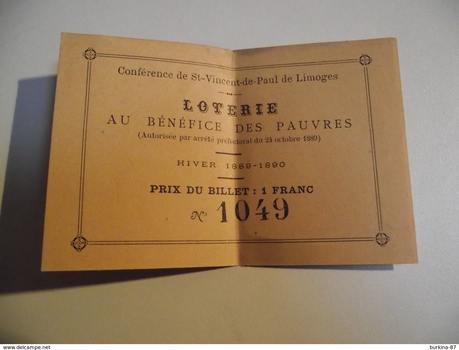 LIMOGES, Ticket Loterie, Au Bénéfice Des Pauvres, 1889, St Vincent De Paul - Billets De Loterie