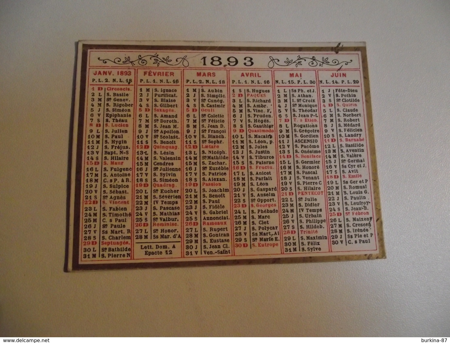 CALENDRIER , 1893, Carte Recto Verso - Petit Format : ...-1900