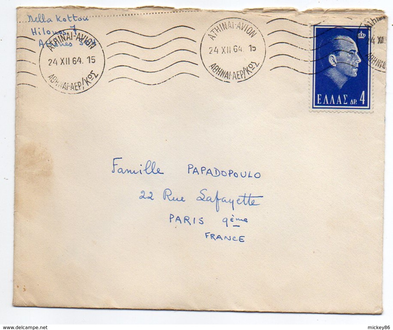 Grèce-1964--Lettre De Athènes Pour PARIS (France)--timbre Seul Sur Lettre--cachet - Cartas & Documentos