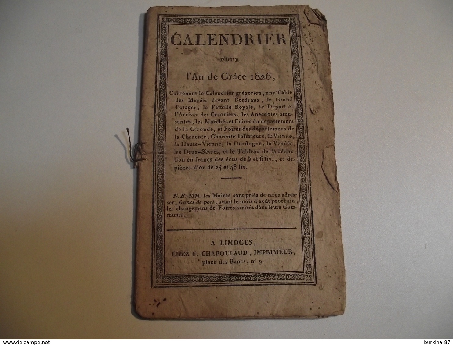 CALENDRIER , An De Grace, 1826, LIMOGES - Formato Piccolo : ...-1900