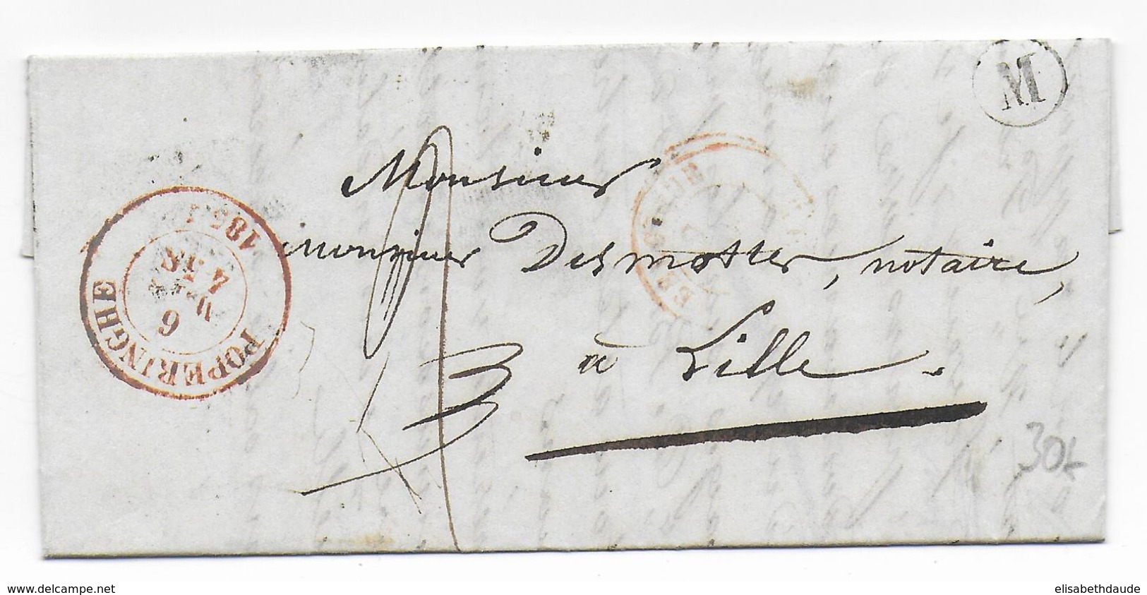 1855 - BELGIQUE - LETTRE Avec MARQUE BOITE "M" + DATEUR De POPERINGHE => LILLE (NORD) - Poste Rurale