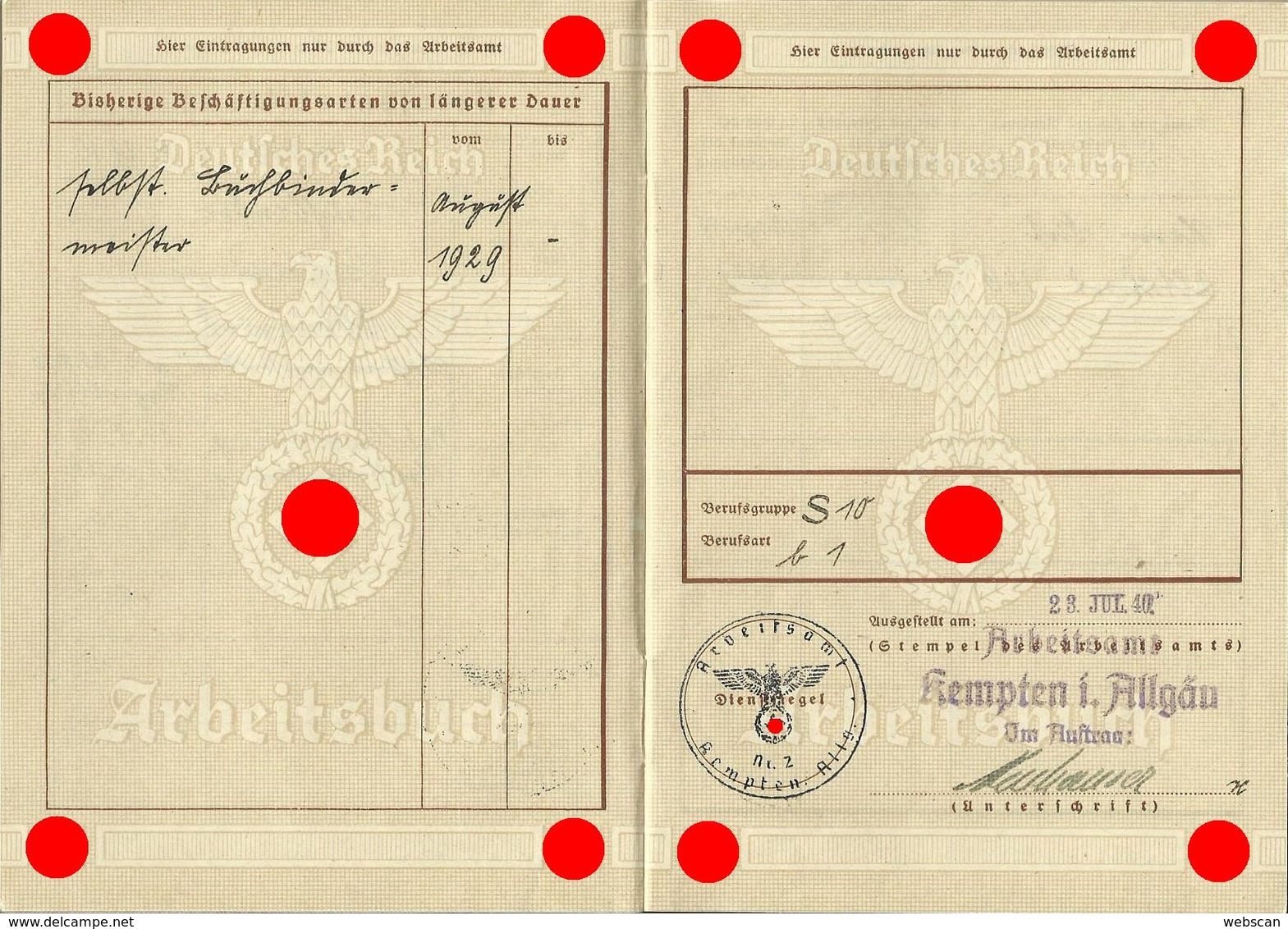 Deutsches Reich Arbeitsbuch Kempten TOP-Erhaltung! - Documents