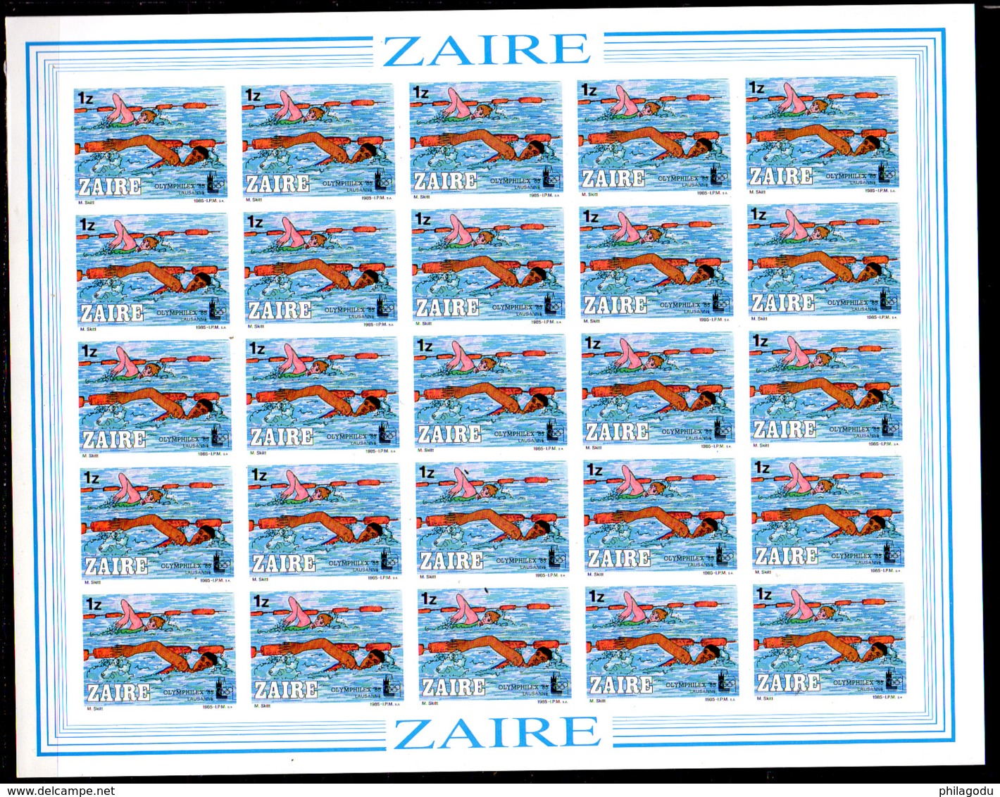 1985   Zaïre, « Olymphilex », Expo Philatélique, 1267 / 1274** En Feuilles De 25 NON DENTELE, Cote 375 € - Neufs