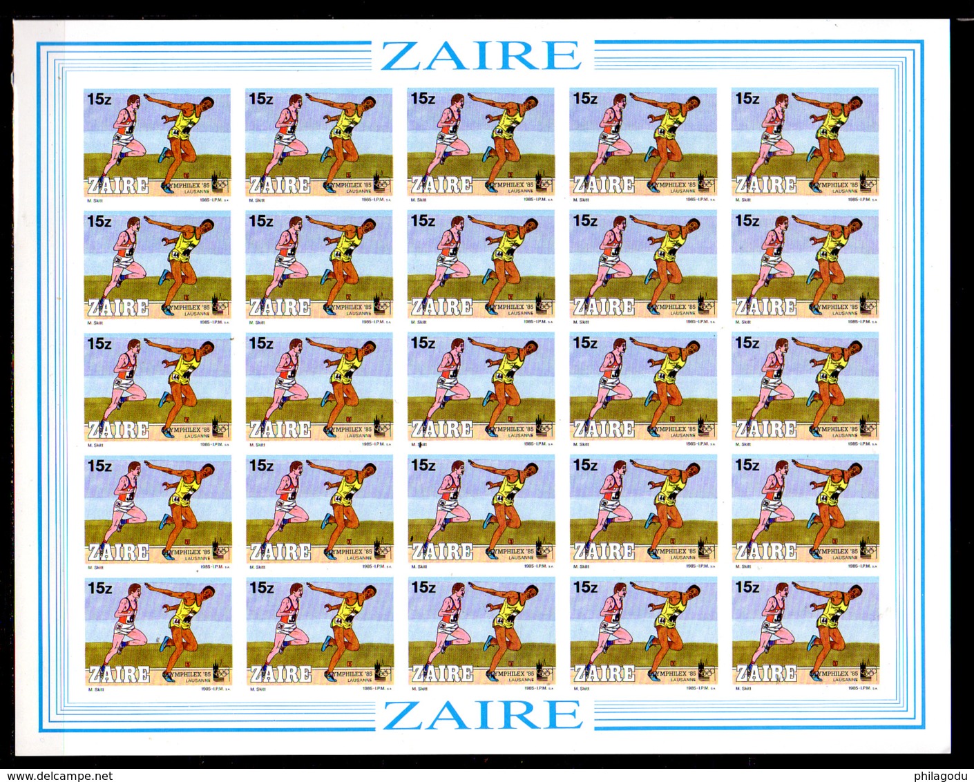 1985   Zaïre, « Olymphilex », expo philatélique, 1267 / 1274** en feuilles de 25 NON DENTELE, cote 375 €