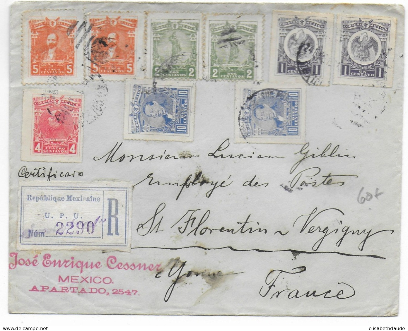 1916 - MEXIQUE - ENVELOPPE RECOMMANDEE De MEXICO SUCURSAL "A" => VERGIGNY (YONNE) - Mexique