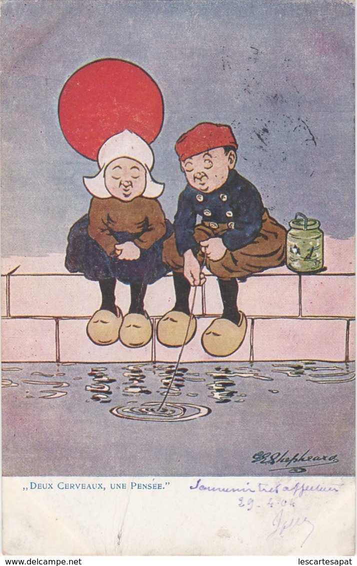 CPA ILLUSTRATEUR SHEPHEARD ENFANTS COSTUME PAYS BAS ** " Deux Cerveaux, Une Pensée " M M VIENNE 185 -1904(lot Pat 42) - Shepheard