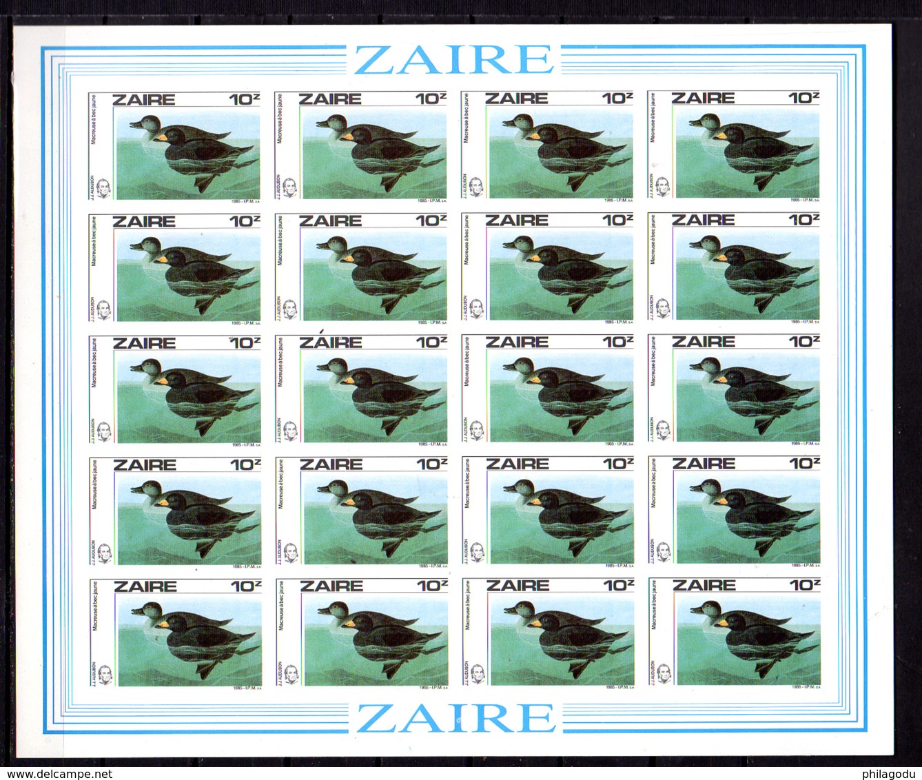 1985   Zaïre, Centenaire D’Audubon, 1282 / 1285** En Feuilles De 20, Cote 480 €  NON DENTELES  IMPERFORATED - Neufs