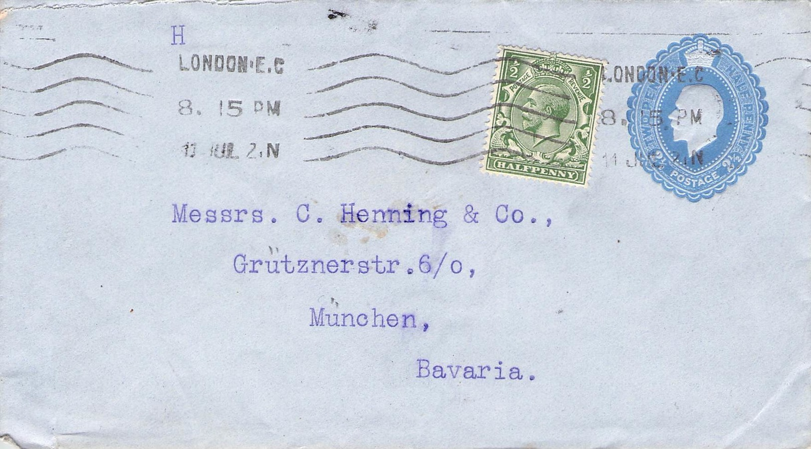 GREAT BRITAIN - ENVELOPE 2 1/2 PENCE + ADD. STAMP LONDON - MÜNCHEN - Covers & Documents