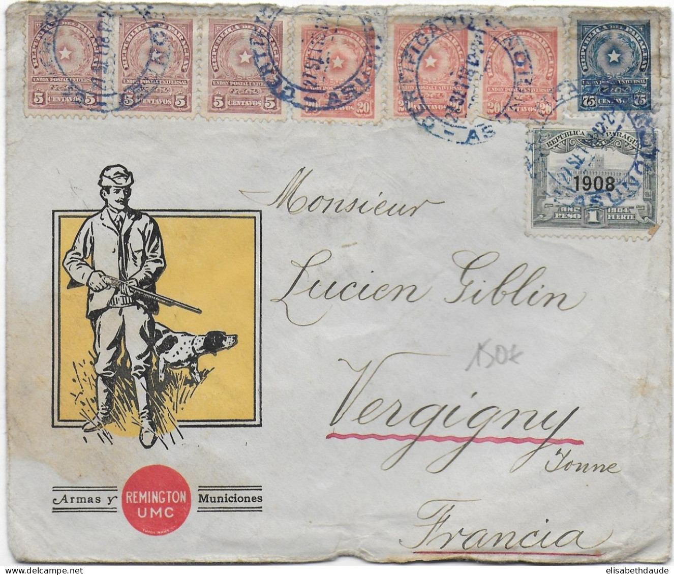 1918 - PARAGUAY - ENVELOPPE ILLUSTREE (CHASSE / CHIENS) RECOMMANDEE De ASUNCION => VERGIGNY - Paraguay