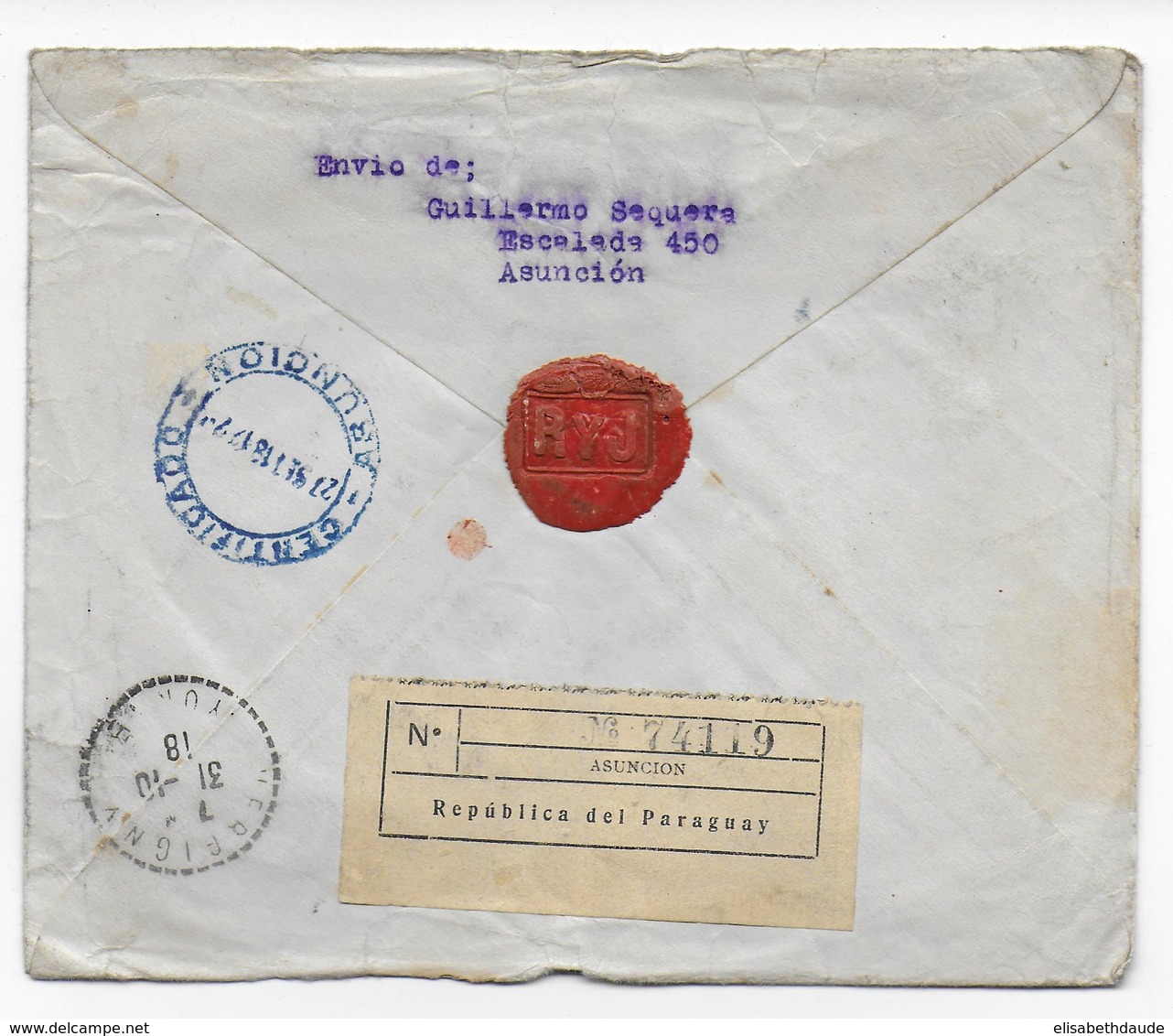 1918 - PARAGUAY - ENVELOPPE ILLUSTREE (CHASSE / CHIENS) RECOMMANDEE De ASUNCION => VERGIGNY - Paraguay