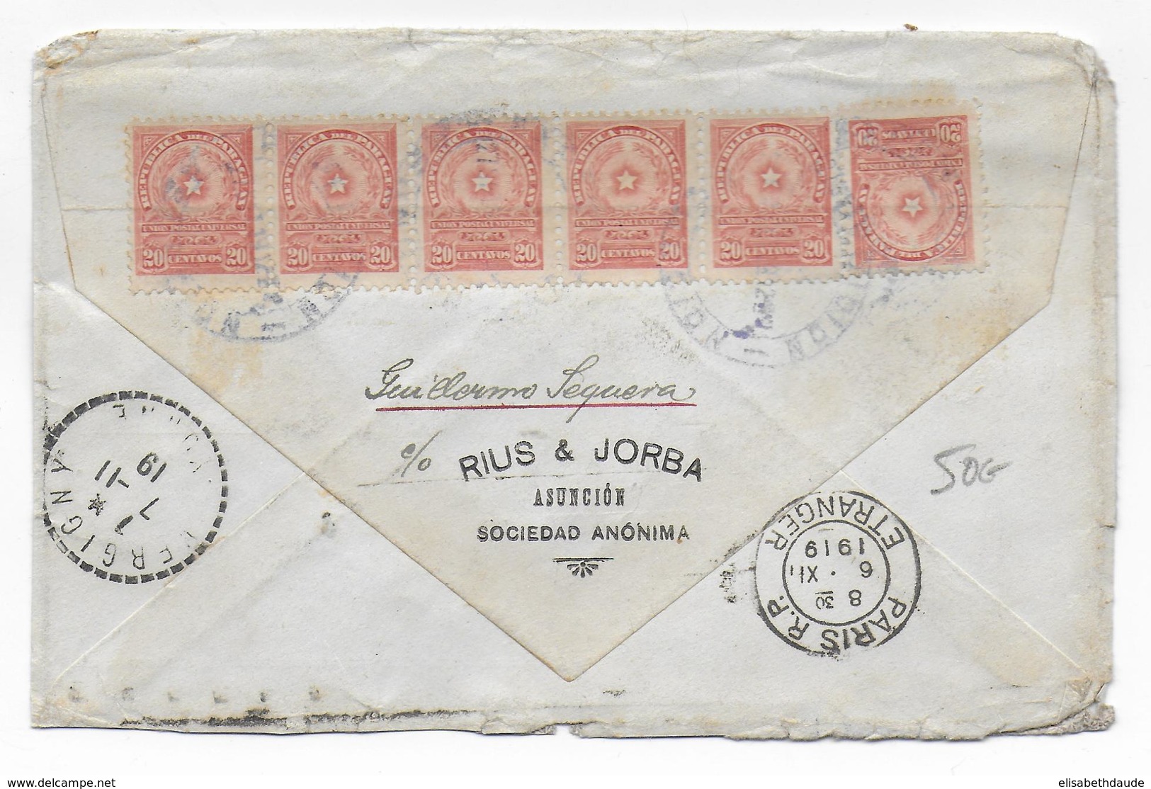 1919 - PARAGUAY - ENVELOPPE De ASUNCION (VOIR AFFRANCHISSEMENT Au DOS) => VERGIGNY - Paraguay