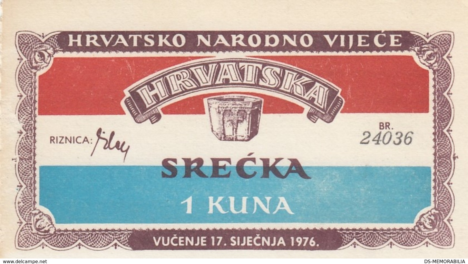 Croatia 1 Kuna 1976 Croatian National Council In Exile Lottery , UNC - Croatia