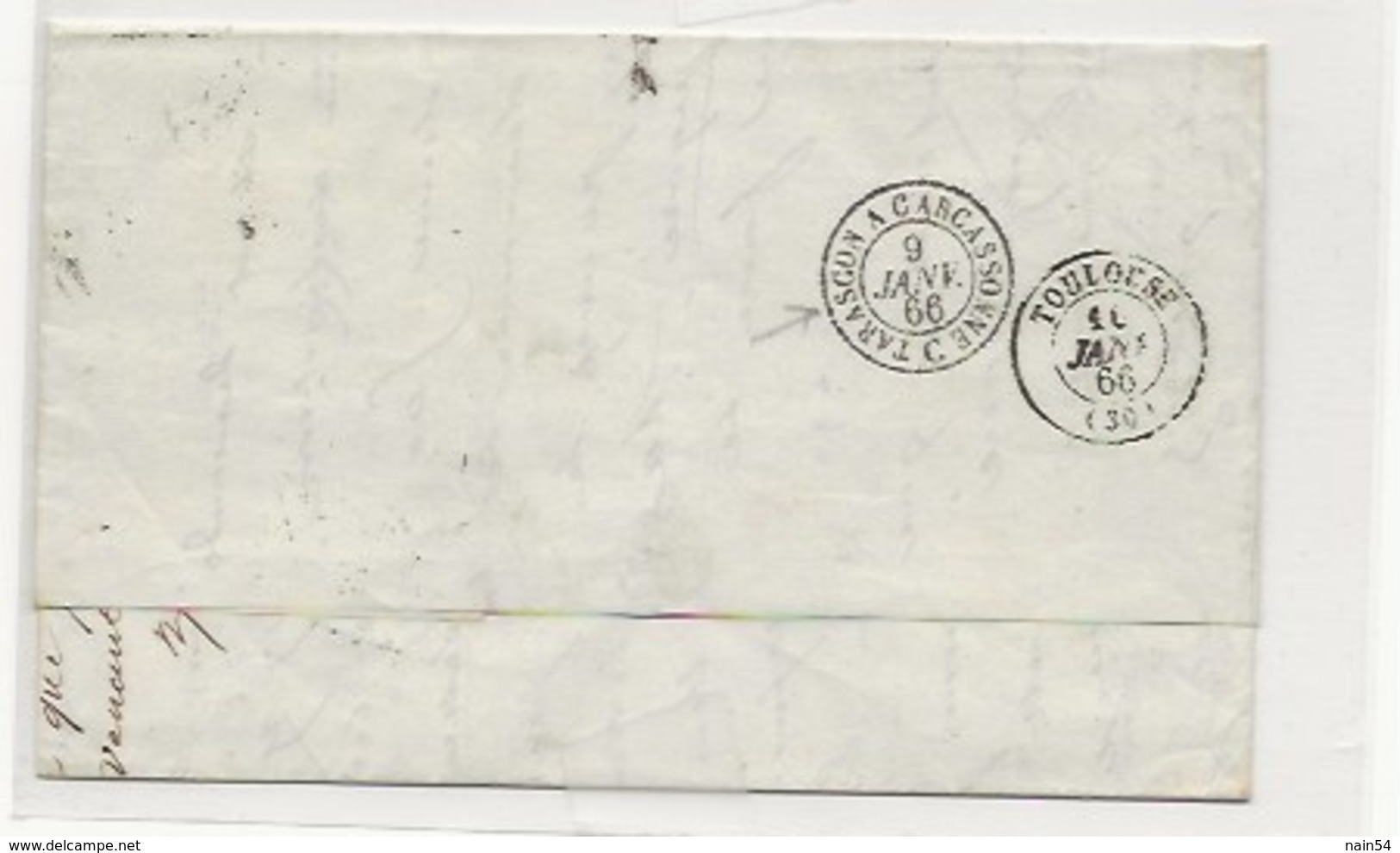 Lettre De NARBONNE Au Verso Ambulant TARASCON à CARCASSONNE - 1849-1876: Période Classique