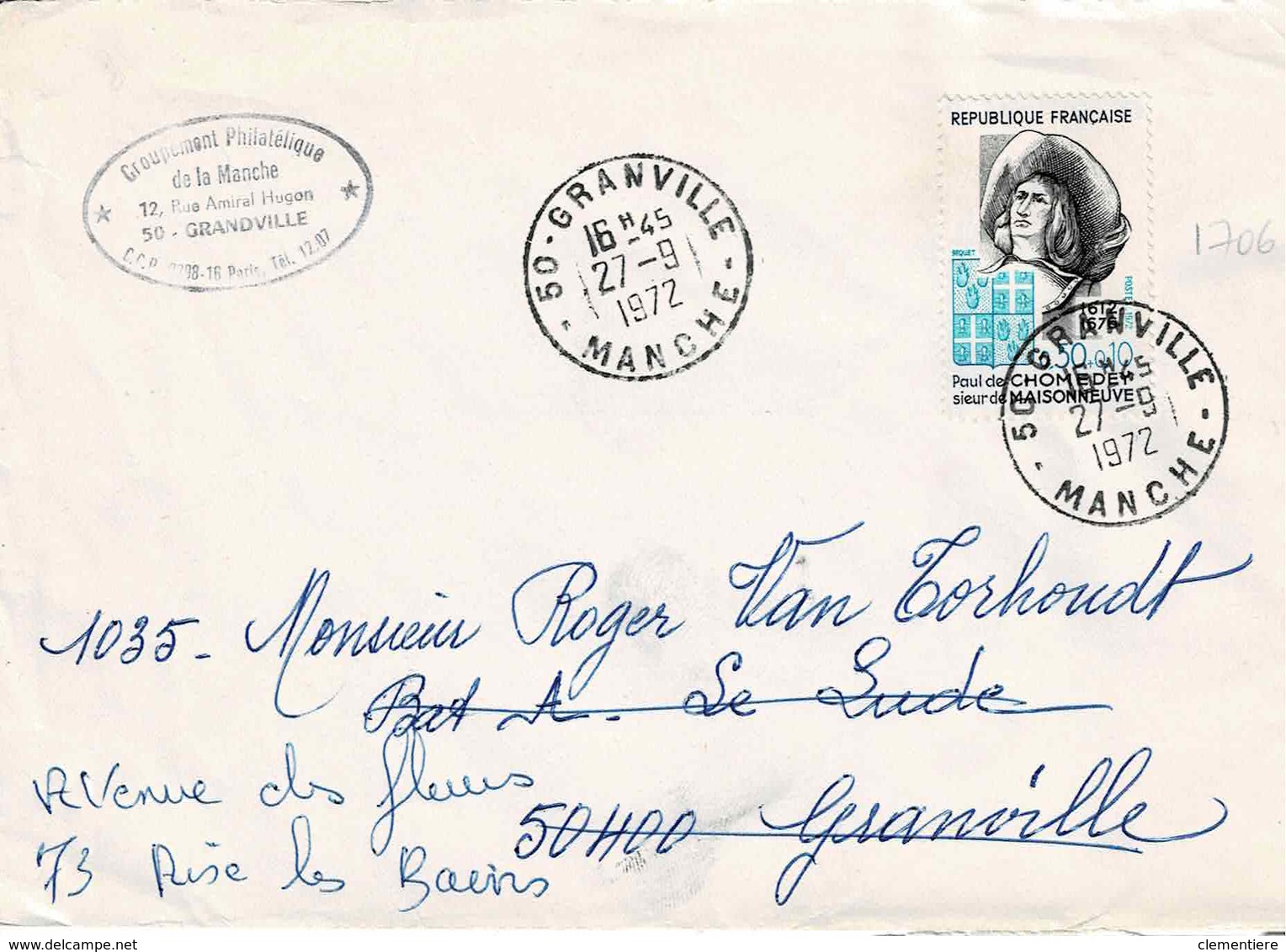 Bande N° 1706 Seul Sur Enveloppe De Granville - 1961-....