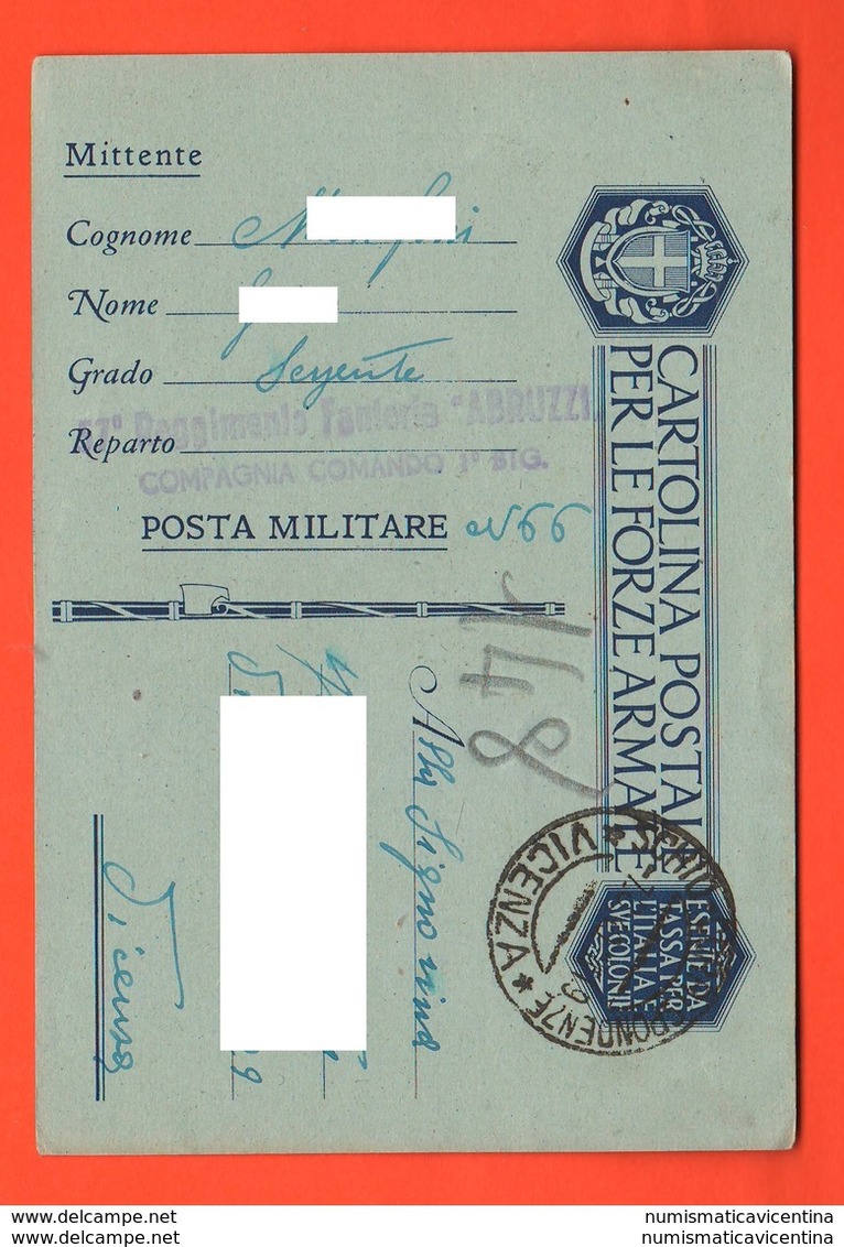 Fanteria Abruzzi Comando 1° Btg Posta Militare 66 X Vicenza Agosto 1940 Cartoline Forze Armate - Posta Militare (PM)