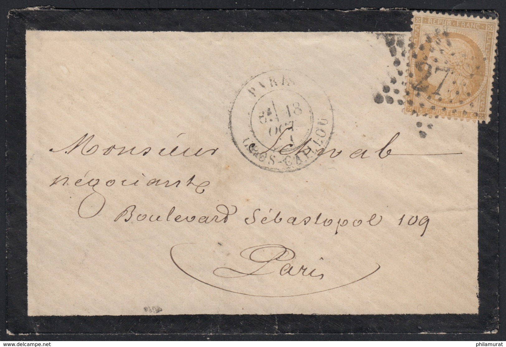 N°59, Cérès 15c Bistre, Oblitéré étoile 27 Paris GROS-CAILLOUX S/lettre Locale - 1871-1875 Cérès