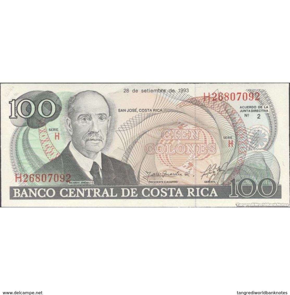 TWN - COSTA RICA 261a - 100 Colones 28.9.1993 Serie H UNC - Costa Rica