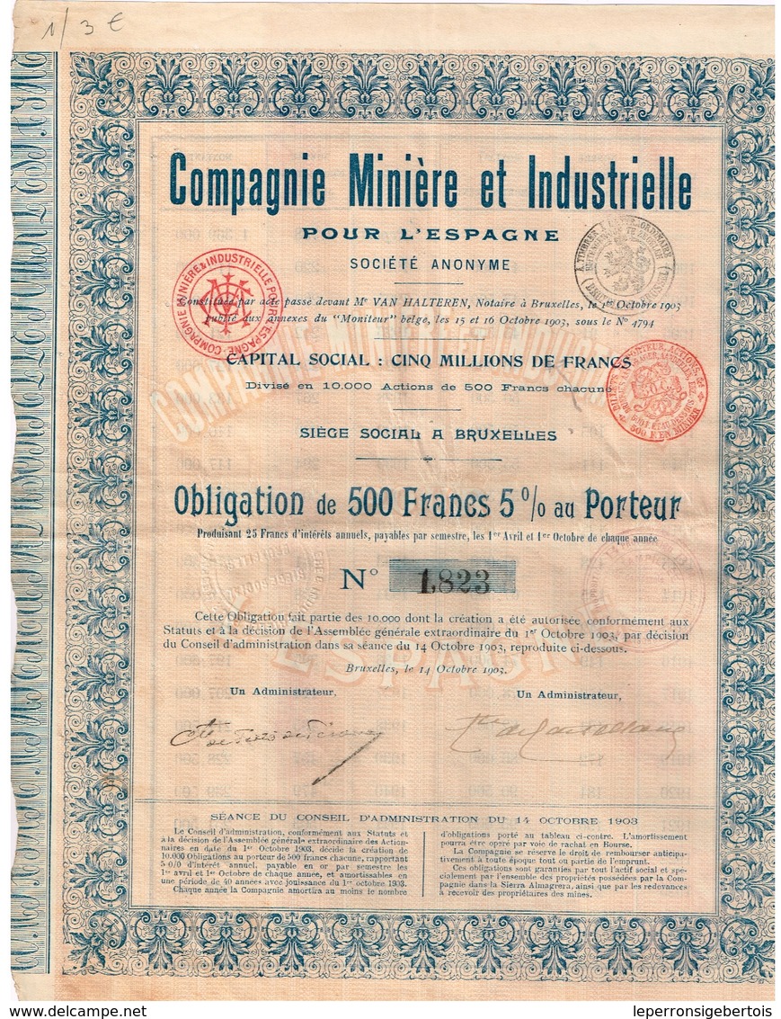 Obligation Ancienne - Compagnie Minière & Industrielle Pour L'Espagne - Titre De 1903 - N° 1823 - Electricité & Gaz