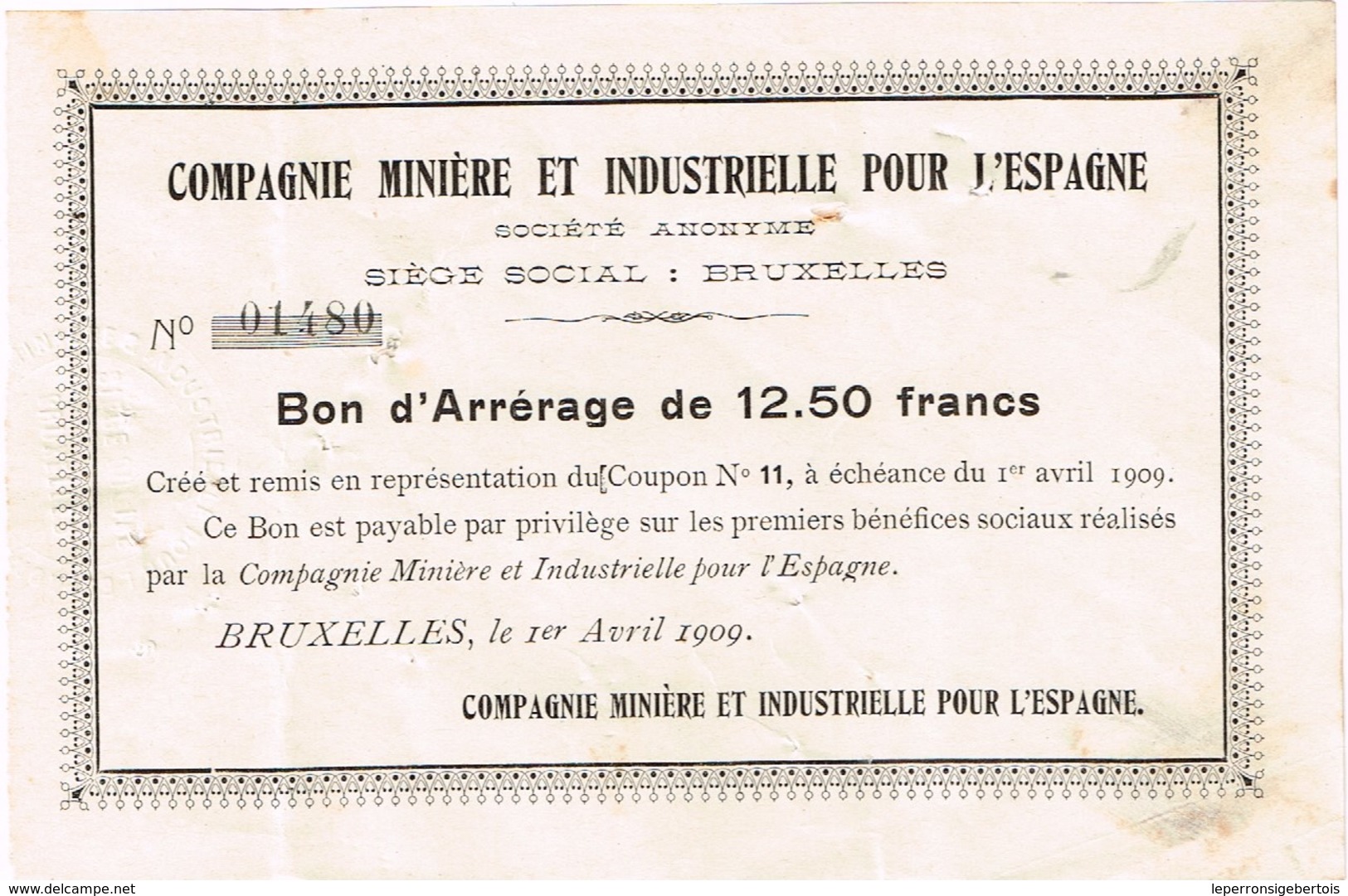 Obligation Ancienne - Compagnie Minière & Industrielle Pour L'Espagne - Titre De 1903 - N° 1823 - Elettricità & Gas